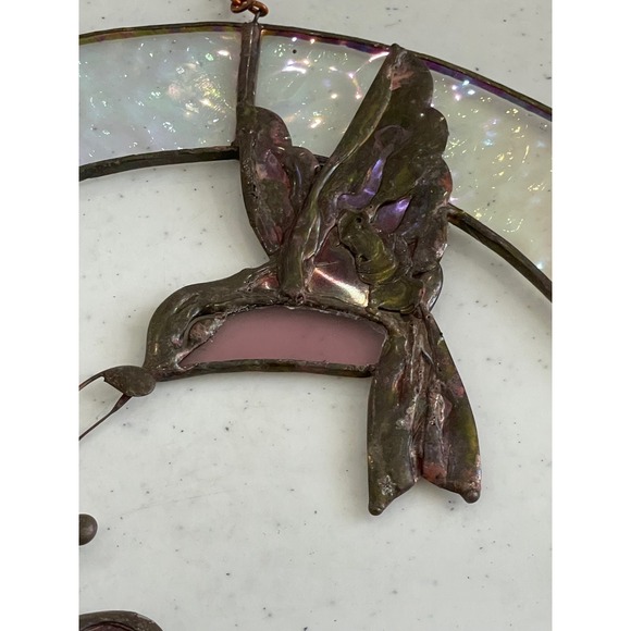 Vtg Stained Glass Metal Hummingbird Floral Suncatcher Copper Brass 9.25" - Picture 4 of 7